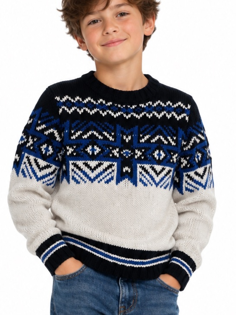 Polo Ralph Lauren Boys Fair Isle Sweater M 10-12 Black Cream Blue Preppy Winter